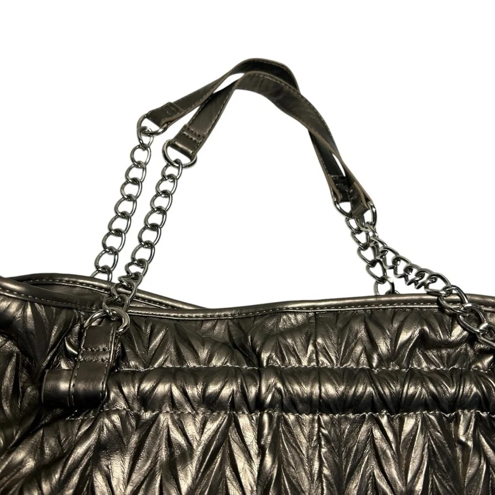 Charming Charlies Metalic Pewter Rouched Slouchy Soft Chain Detail Handles